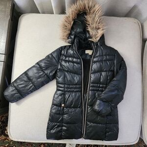 Women's Black Puffer Jacket with Faux Fur Hood